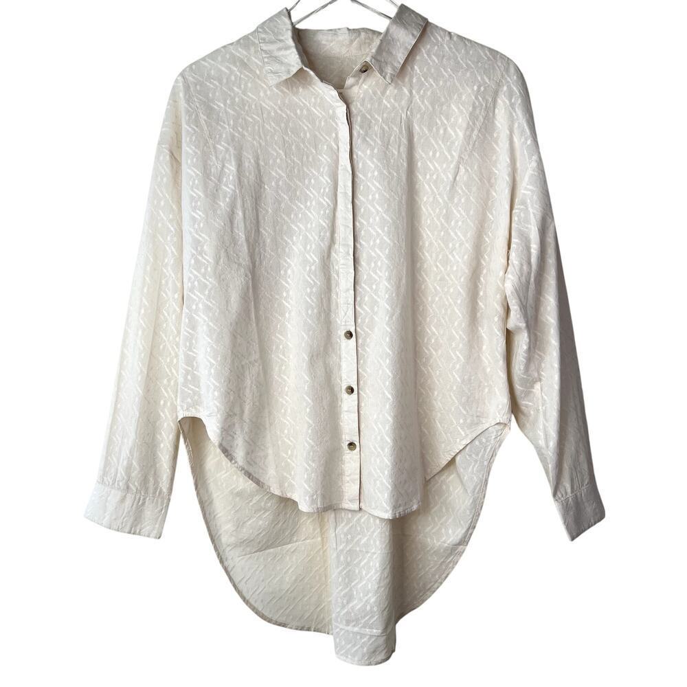 Voloshin Button Front Hi Lo Long Sleeve Top Cream 100% Cotton LARGE NEW